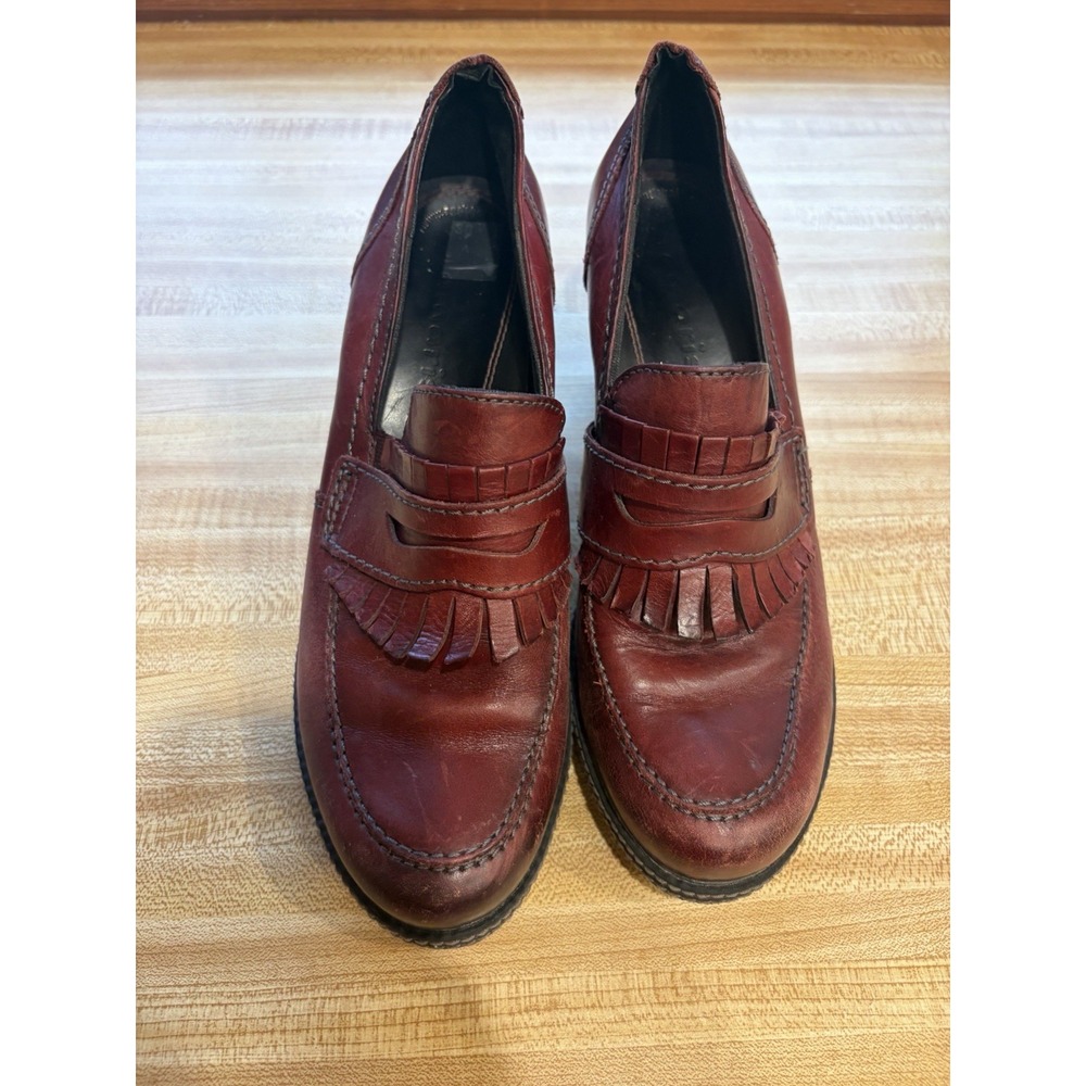 Tamaris Womens 38 Burgundy Leather Kiltie Penny Loafer Pumps Block Heel - Picture 1 of 12